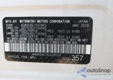 2019 Mitsubishi Outlander Sport 2.0 Es/2.0 Le/2.0 Se/2.0 Sp from USA, damaged, VIN JA4AR3AU1KU026559